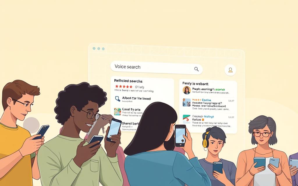 a detailed digital illustration of people using cell phones and smart phones for voice search optimization, with a clean and modern aesthetic. The foreground features a group of diverse people holding various mobile devices and speaking into them. The middle ground showcases a clean, stylized user interface with voice search input elements, search results, and optimized website listings. The background has a subtle grid pattern or geometric shapes to convey a sense of technology and connectivity. The lighting is soft and diffuse, creating a bright, airy atmosphere. The overall mood is one of efficiency, accessibility, and the power of voice-driven search.