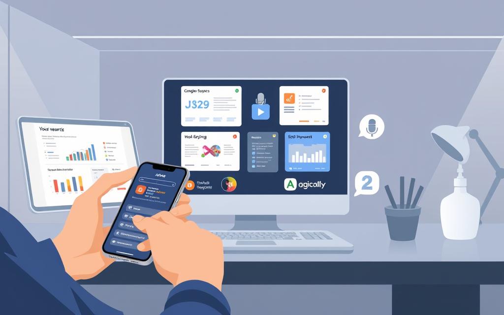 a digital illustration of voice search optimization tools, depicting a modern office setting with a desk, laptop, and smartphone. The foreground features a person using a smartphone with a voice search interface, gesturing and speaking into the device. The middle ground showcases various voice search optimization tools, such as analytics dashboards, SEO keyword research tools, and voice assistant optimization software, displayed on the laptop screen. The background has a sleek, minimalist aesthetic with clean lines, neutral colors, and subtle lighting, creating a professional and tech-savvy atmosphere. The overall composition conveys the idea of utilizing cutting-edge voice search optimization resources to enhance a business's online presence and discoverability.