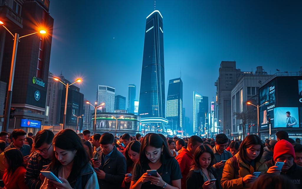 A bustling cityscape, illuminated by the warm glow of streetlights and the ethereal light of a futuristic voice search interface. In the foreground, a diverse group of people, each immersed in their mobile devices, speak into them with a sense of purpose and urgency, their voices powering the revolution of voice-driven technology. The middle ground showcases a towering, hyper-modern skyscraper, its sleek, angular design reflecting the cutting-edge nature of this emerging digital landscape. In the background, a serene night sky serves as a canvas, hinting at the endless possibilities that lie ahead in the world of voice search. The scene conveys a sense of dynamic progress, where the power of the human voice is redefining the way we interact with the digital world.