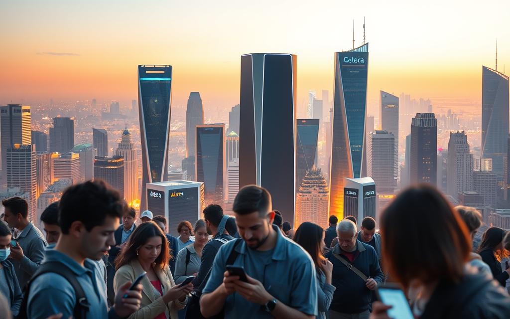 A dynamic cityscape with towering technology platforms, each representing a major voice search service. In the foreground, people intently using their smartphones, immersed in voice-activated queries. The midground features sleek, futuristic structures housing the command centers of Alexa, Siri, Google Assistant, and other prominent voice platforms. The background showcases a vibrant urban skyline, bathed in warm, diffused lighting that creates a sense of technological advancement and connectivity. The overall scene conveys the power and ubiquity of voice search, inviting the viewer to consider how their business can harness these evolving platforms.