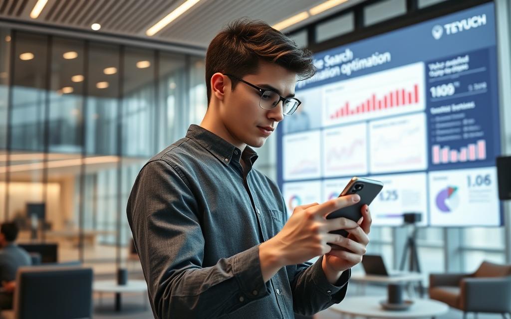 A high-tech office interior with a large display screen showcasing voice search optimization trends and analytics. In the foreground, a young professional uses a sleek smartphone, intently focused on navigating voice-enabled search functions. Soft, directional lighting emphasizes the task at hand, while the midground features minimalist furniture and decor, creating a modern, productivity-driven atmosphere. The background blends seamless architectural elements, hinting at the integration of voice search capabilities into the digital landscape of the future.