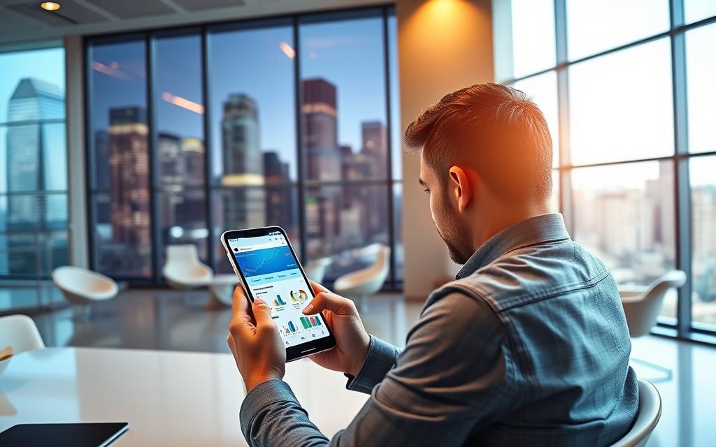A modern office environment with sleek, minimalist furniture and a large, floor-to-ceiling window overlooking a bustling city skyline. In the foreground, a person sits at a desk, intently focused on their smartphone, navigating the user interface of a voice search optimization app. The app's interface displays visual cues and analytics related to voice search performance, with colorful graphs and charts. The lighting is bright and even, with a subtle warm tone, creating a professional and productive atmosphere. The camera angle is slightly elevated, giving a bird's-eye view of the scene, emphasizing the importance of the voice search optimization techniques being demonstrated.