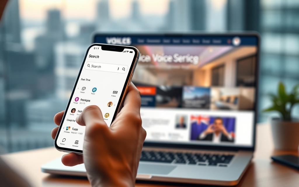 A modern, well-designed interface for a voice search listing service. In the foreground, a person holding a smartphone, their finger raised to their lips as they initiate a voice search. The device's screen displays search results, with clear, intuitive icons and a sleek, minimalist design. In the middle ground, a laptop or desktop computer showcases the service's web portal, featuring clean typography, elegant navigation, and vivid graphics that highlight the platform's capabilities. The background is a softly blurred cityscape, hinting at the service's reach and digital presence. Soft, directional lighting creates depth and emphasizes the technology's seamless integration into daily life. The overall mood is one of efficiency, accessibility, and the power of voice-driven digital services.